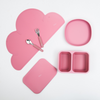 Essentials Kids Tableware Set in a range of three different color themes, features a cloud-shaped silicone mat, a plate, a silicone collapsible lunch box with compartments and lid, and stainless steel cutlery including both a fork and spoon.