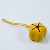 A yellow pacifier case with a starry slit design, attached to a clip.