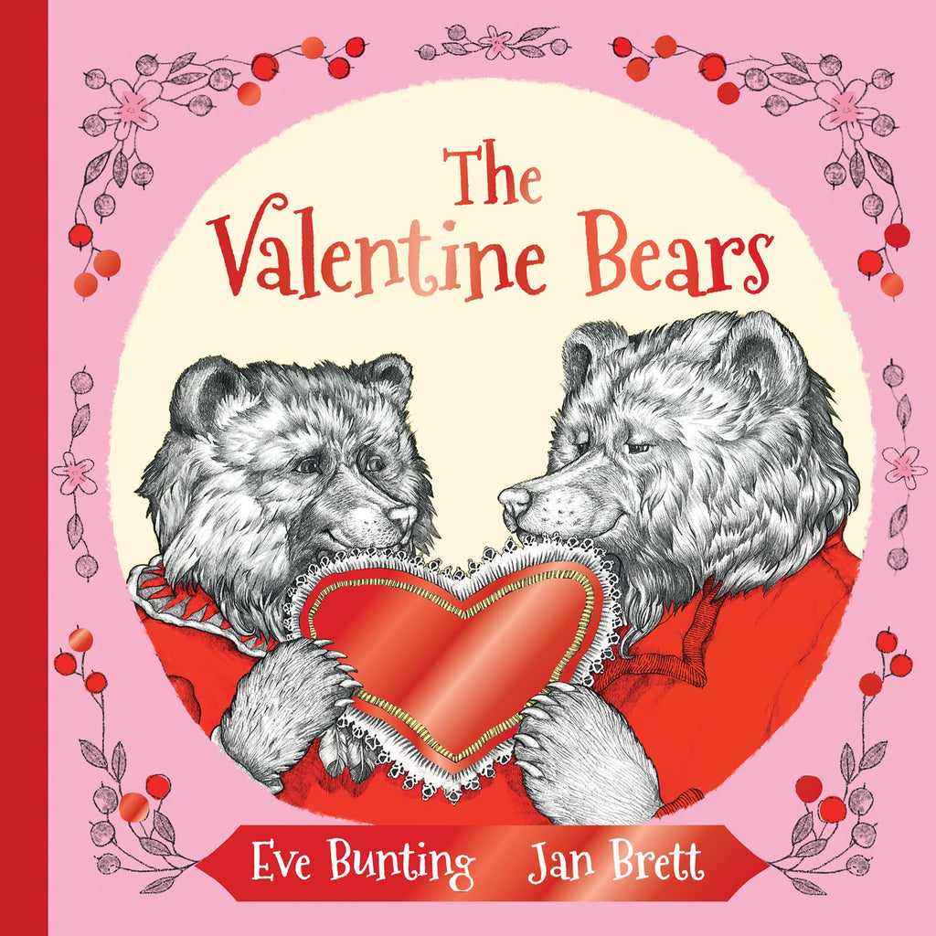 Cover of 'The Valentine Bears' book showing two cartoon bears holding a heart-shaped balloon with a red ribbon on it, against a pink floral background.