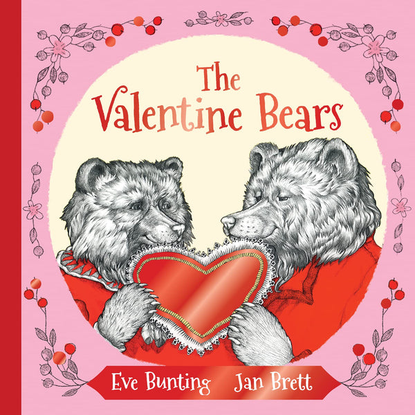Cover of 'The Valentine Bears' book showing two cartoon bears holding a heart-shaped balloon with a red ribbon on it, against a pink floral background.