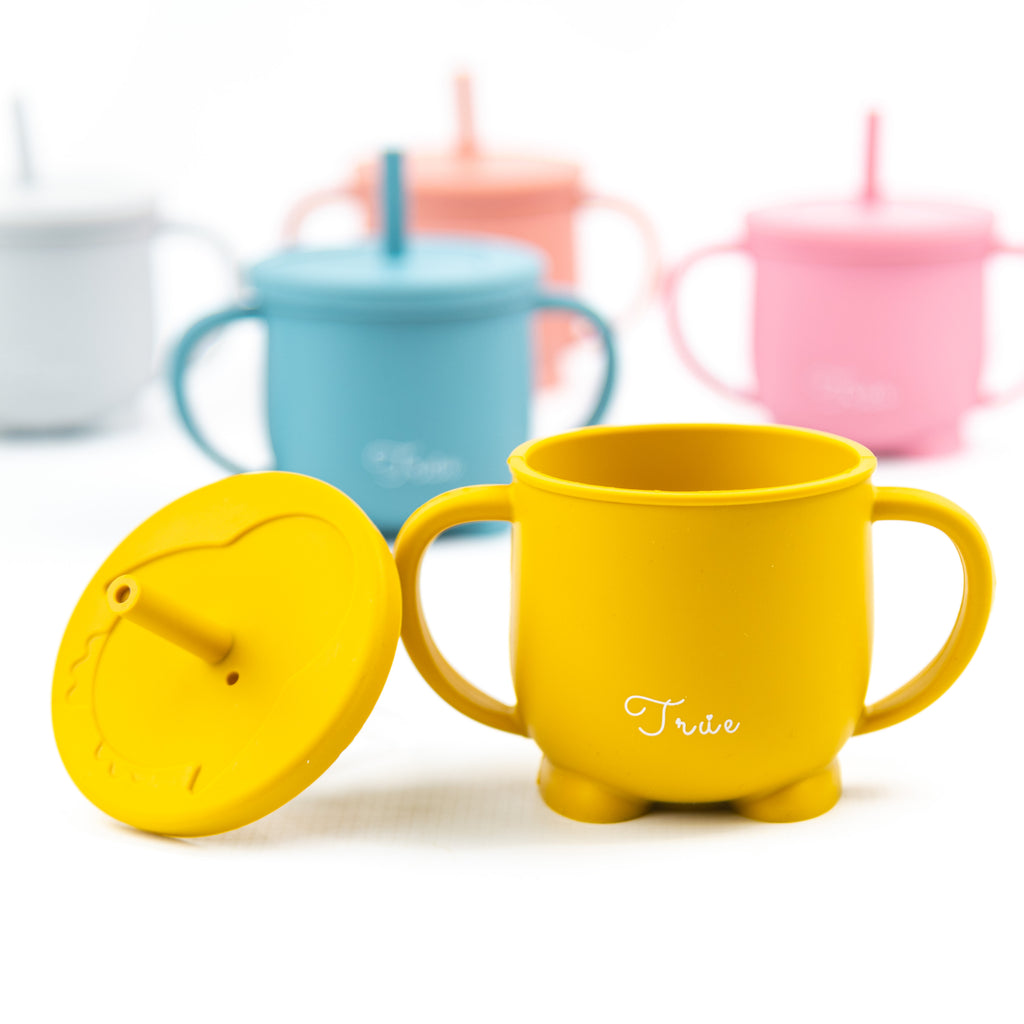 True silicone double handed straw cup, made of BPA-Free material in different range of colors. It come with a snack lid and a straw lid, with two handles. Easy for toddler to hold it.