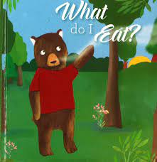 Cover of a children's board book titled 'What Do I Eat?' featuring an illustration of a bear in a red shirt and blue shorts, waving at a tree.