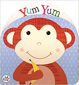 A board book with a colorful monkey character on the cover, holding a banana and a pen, with the text 'YUM YUM' at the top.