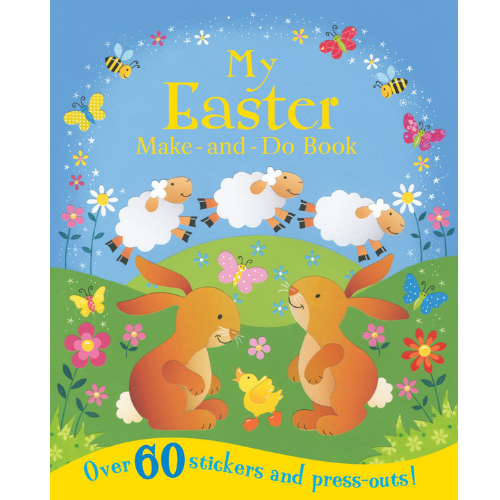 Cover of a children's Easter activity book, featuring illustrations of rabbits, eggs, flowers, and butterflies.